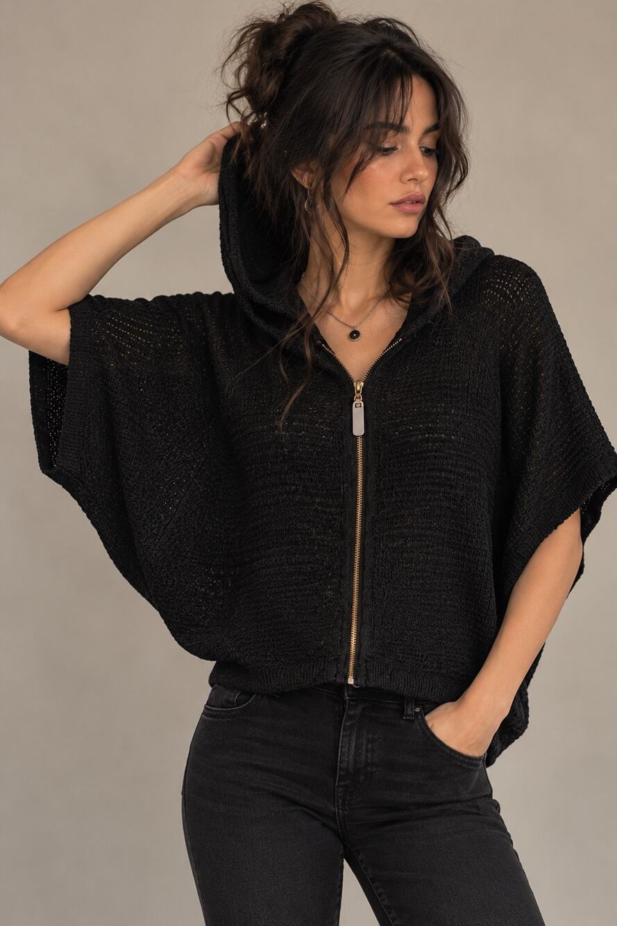 WD.NY Black Hooded Knit Poncho Cape Whimsigoth Grunge Witchy Goth Batwing
